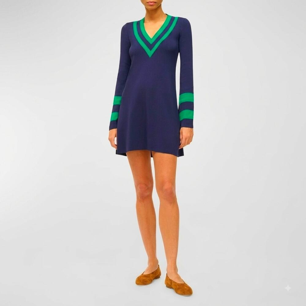 Staud Sunshine V-Neck Knit Flare Long Sleeve Mini Dress Navy Blue Green Small